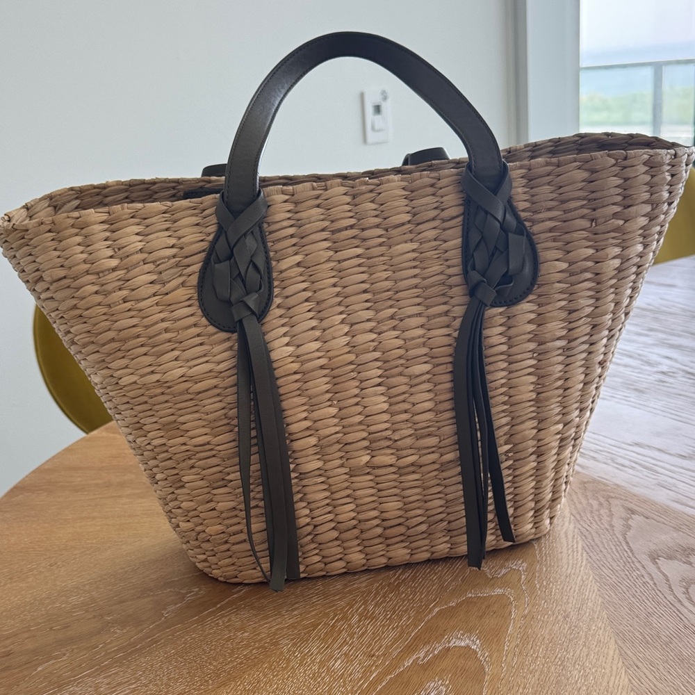 ULLA JOHNSON Elegant Tan Woven Tote Bag with green genuine leather Accents